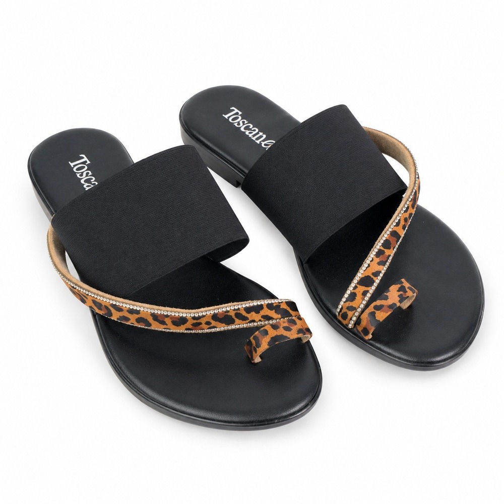 Toscanella Jaded Black Elastic Leopard Rhinestone Toe Loop Sandals Made in Italy
